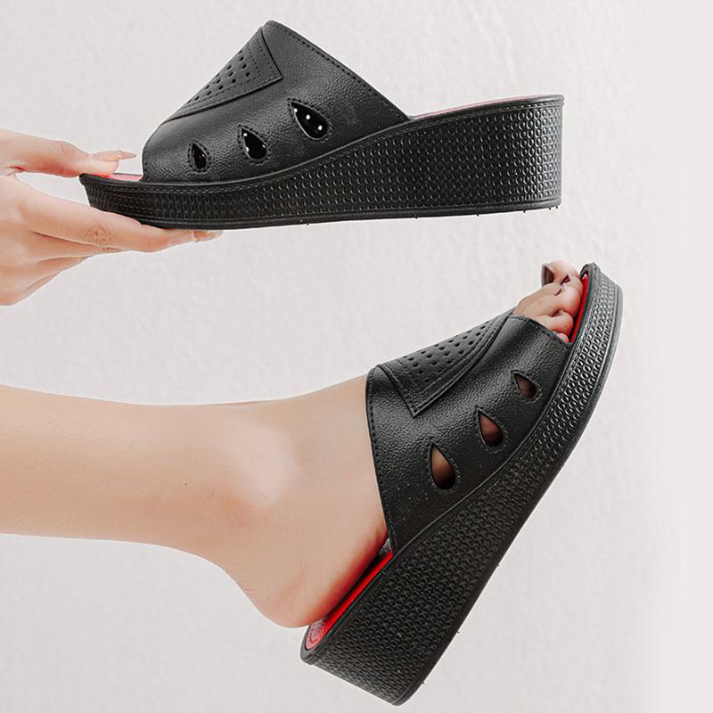 Women's Wedges Slippers Thick Bottom Round Head Sandals Casual Lightweight Homewear Shoes PVC Jelly Middle Heeled Slides Ladies