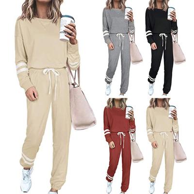 2 шт./компл. Женский костюм топ и брюки, круглый вырез, длинные рукава, в полоску, однотонный, толстовка, эластичные брюки на кулиске