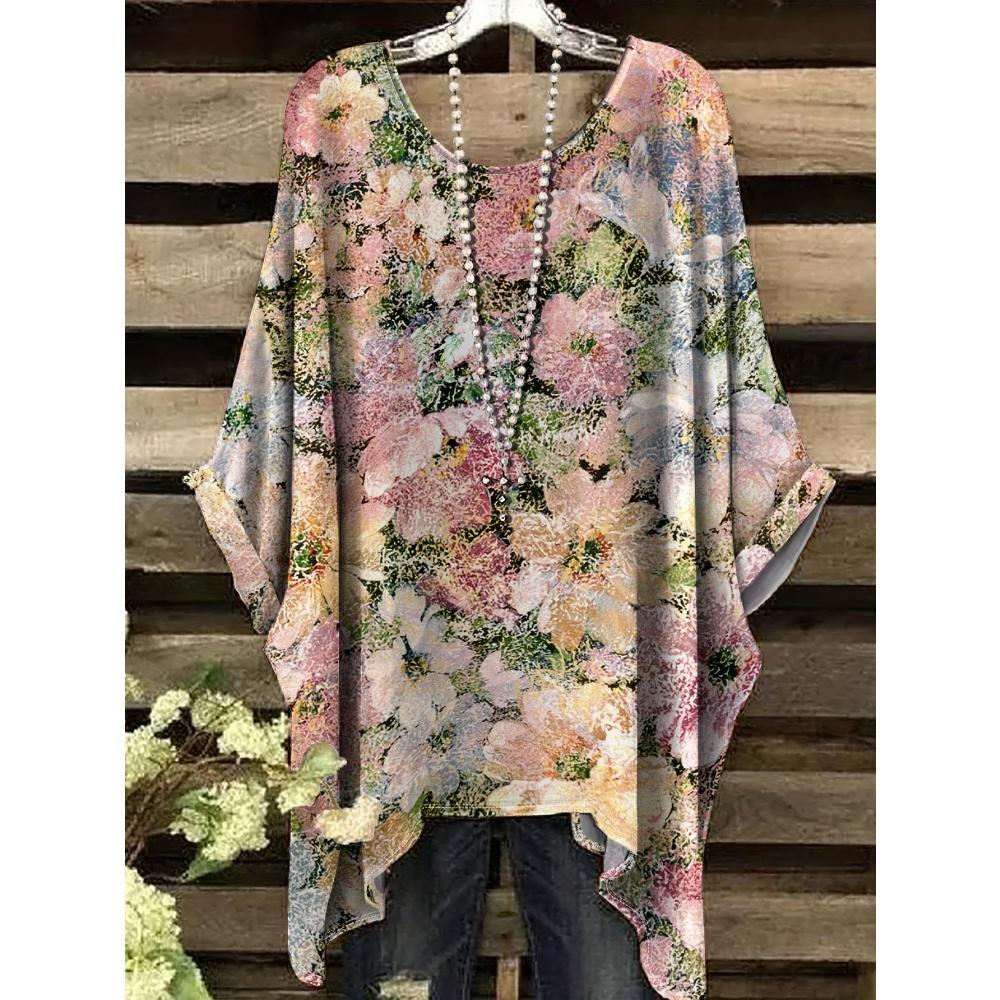 Женская летняя футболка в богемном стиле с цветочным принтом, винтажная, светло-фиолетовая, с графикой в стиле Y2k, с круглым вырезом, одежда, элегантная женская футболка с коротким рукавом