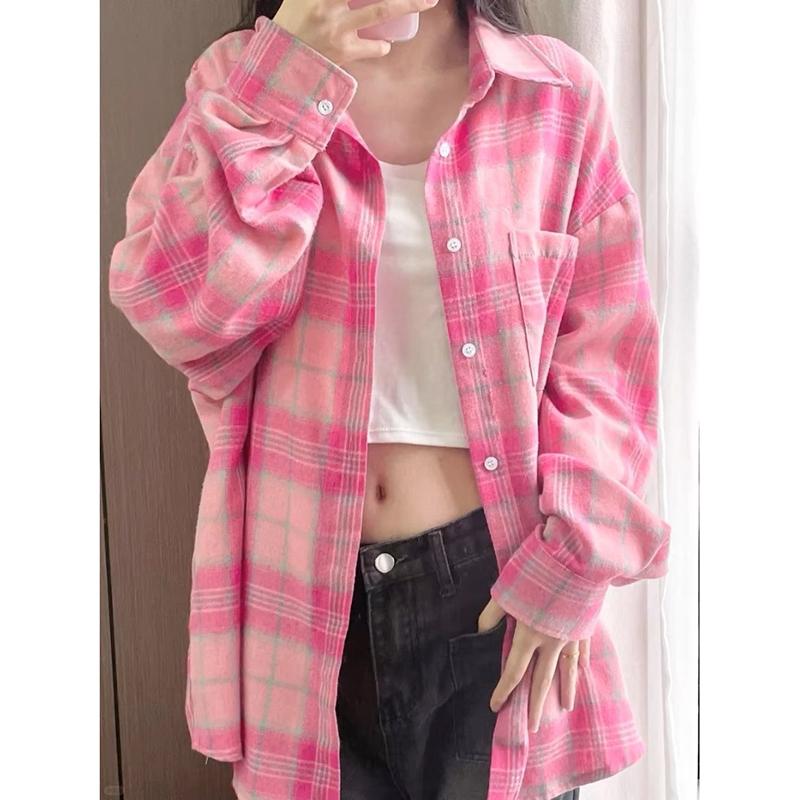 Fashion Pink Plaid Casual Loose Shirts Women Spring Summer New Tops Long Sleeve Women's Blouses Elegant Single Breasted Slim Simple Office Shirt 26116
