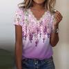 Women Casual Loose Shirts V Neck Short Sleeve Flower Print Lace Tops T-shirts Tee