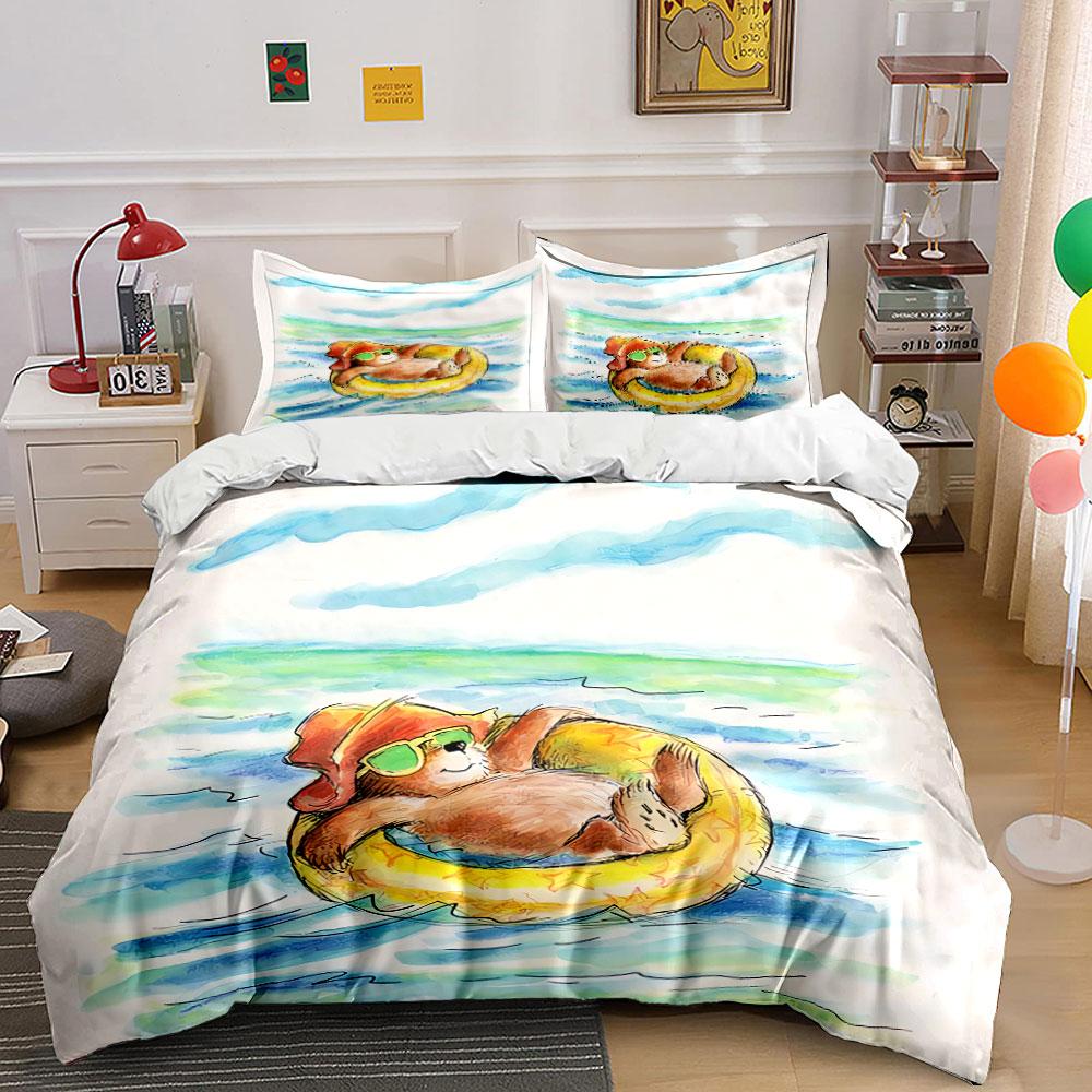 Relaxing Bear in Summer Float Bedding Duvet Cover Set Duvet Cover Pillowcases (1*Duvet Cover 2*Pillowcases, without duvet insert)