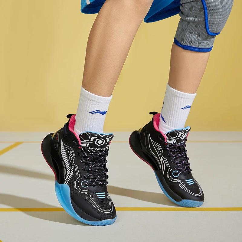 Li Ning YOUNG Синтетическая кожа Защита от ударов и истирания Поддержка свода стопы Средняя высота Баскетбольные кроссовки Черные YKBS106-5
