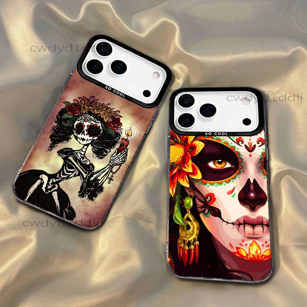 Mexican Catrina Skull Girls For iPhone 17,16,15,14,13,12,X,8,Pro,Max,Plus,SE4,Air,Mini Black IMD Matte Case