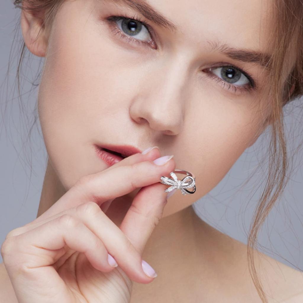 Jeulia Silver Bowknot Ring with Diamond and CZ Sparkling and Perfect for and Fashion Women's Engagement, Cute, Birthdays, Parties,