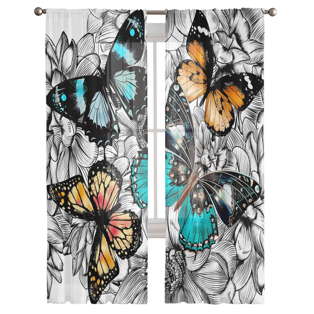 Flower And Colorful Butterfly Sheer Curtains For Living Room Bedroom Kitchen Home Decor Tulle Voile Curtains Windows Drapes