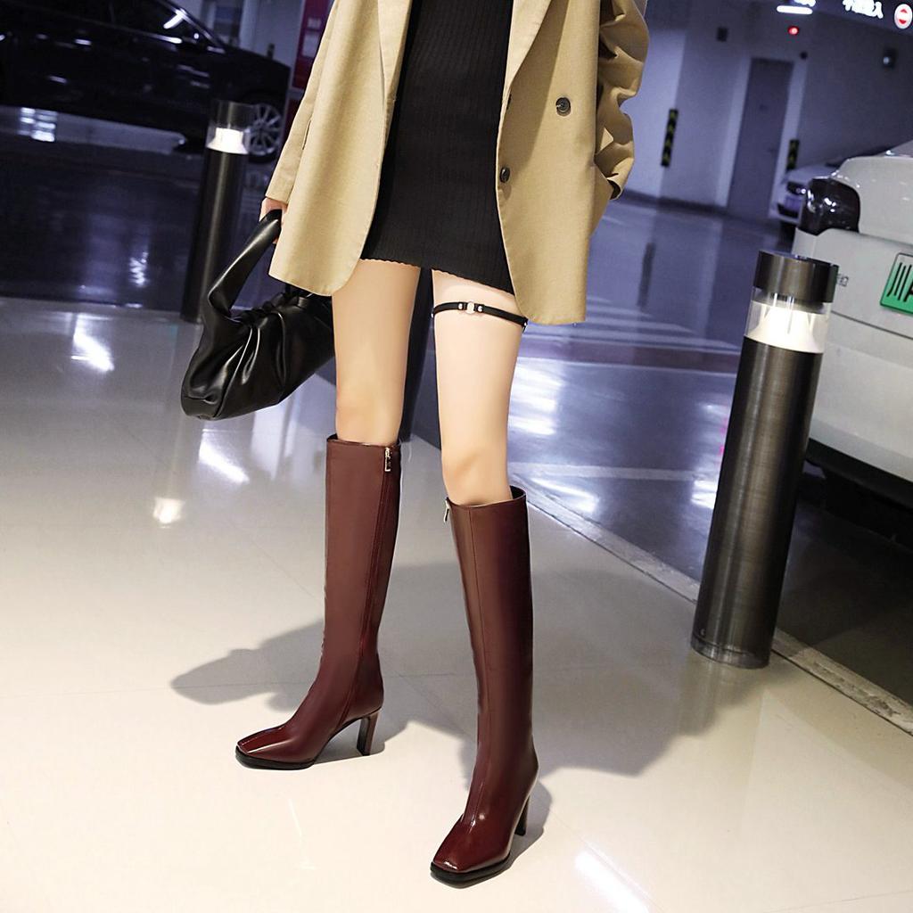 Krazing Pot ПУ осенне-зимняя обувь на высоком каблуке сапоги для верховой езды с квадратным носком европейский дизайн сохраняют тепло высокие сапоги до бедра