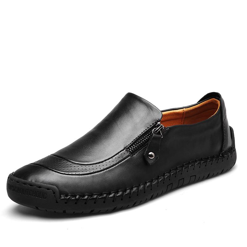Men's Casual Patchwork Leather Zip Split Round Toe Slip-on Shoes Fashion Antiskid Suture Sole Loafer
