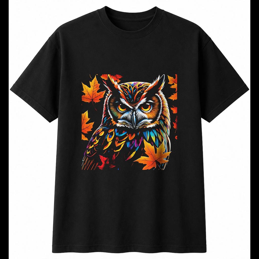 Neon Owl in Autumn Bird Mens T-Shirt Black 100% Cotton Nature Printed