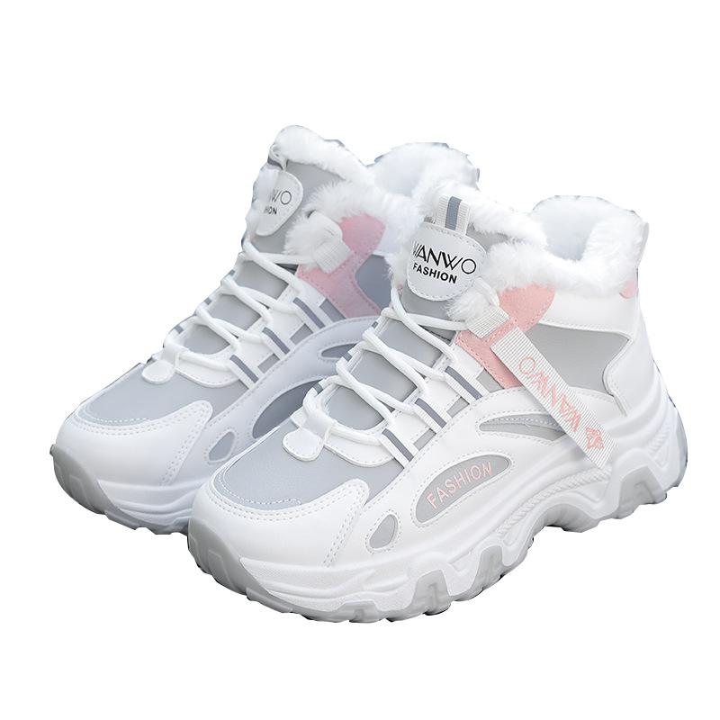 Женские повседневные кроссовки 2026 года Color-block на толстой подошве Chunky Sneakers Теплые с меховой подкладкой Противоскользящие беговые кроссовки
