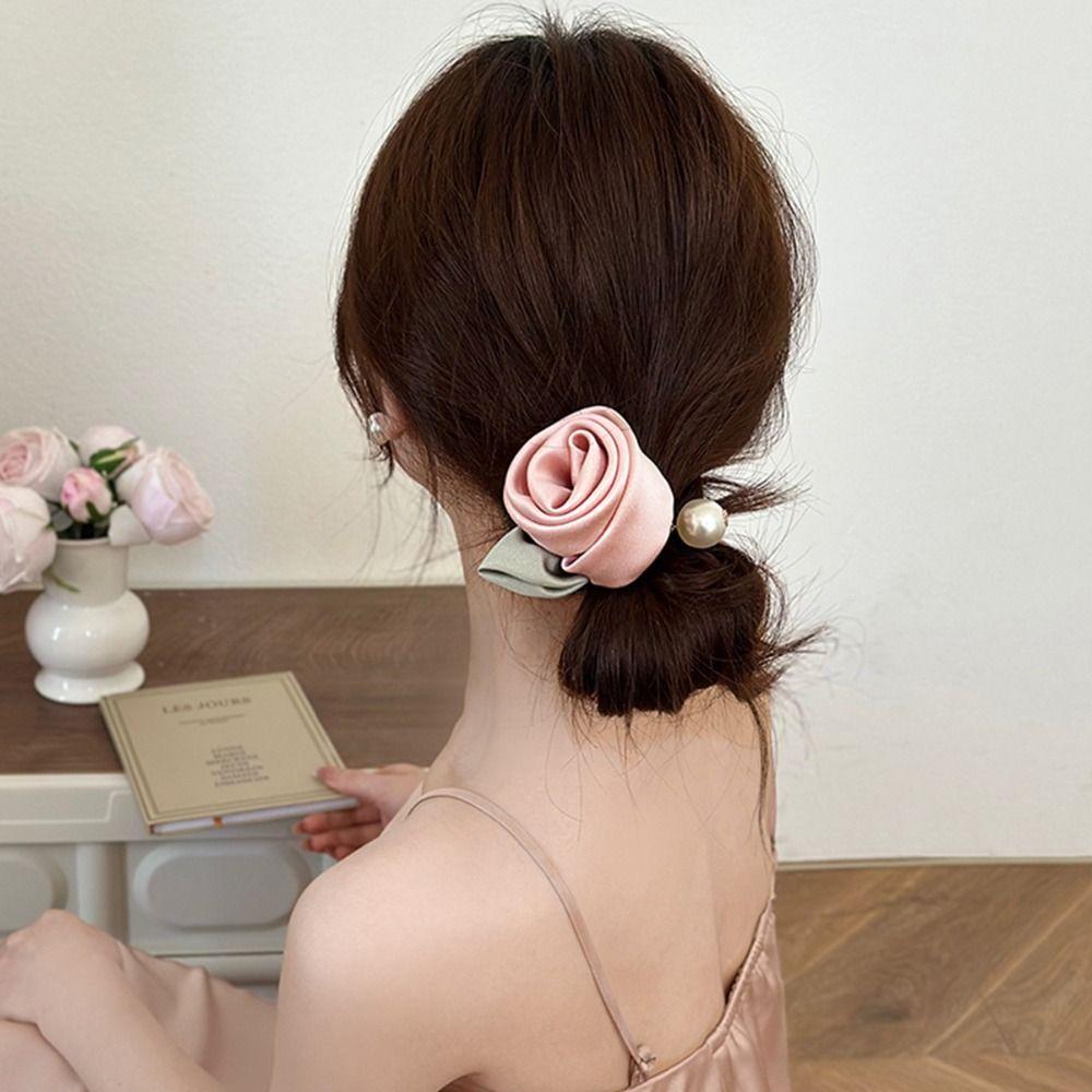 Leaf Silk Satin Hair Rope Flower Elastic Hair Band Temperament Rose Hair Rope Headwear