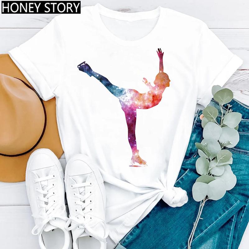 Watercolor Dance Gymnastics Print round Neck Casual T-shirt Short Sleeve Creative Fashion Summer Polyester Blend polyester fabri