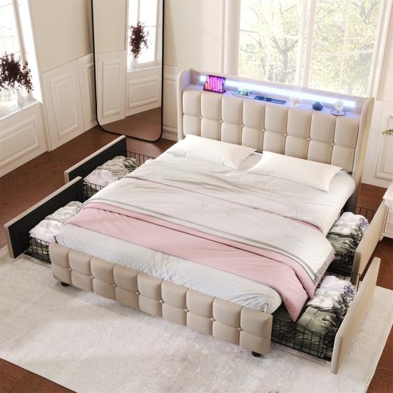 LED Light Bed Soft Cushion Headboard Upholstered with 2/4 Drawers USB Charging Metal Basket Strong Wood Slat Support Bedroom Furniture Teen