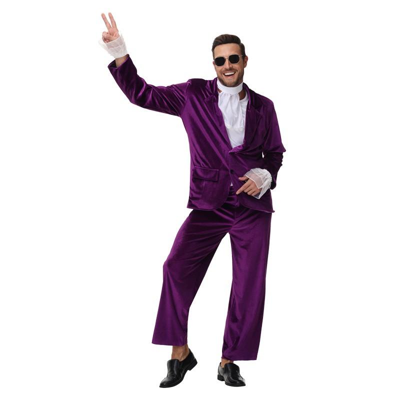 Vintage Disco Purple Velvet Suit Set Male Performers Stage Bar Nightclub Host Singer