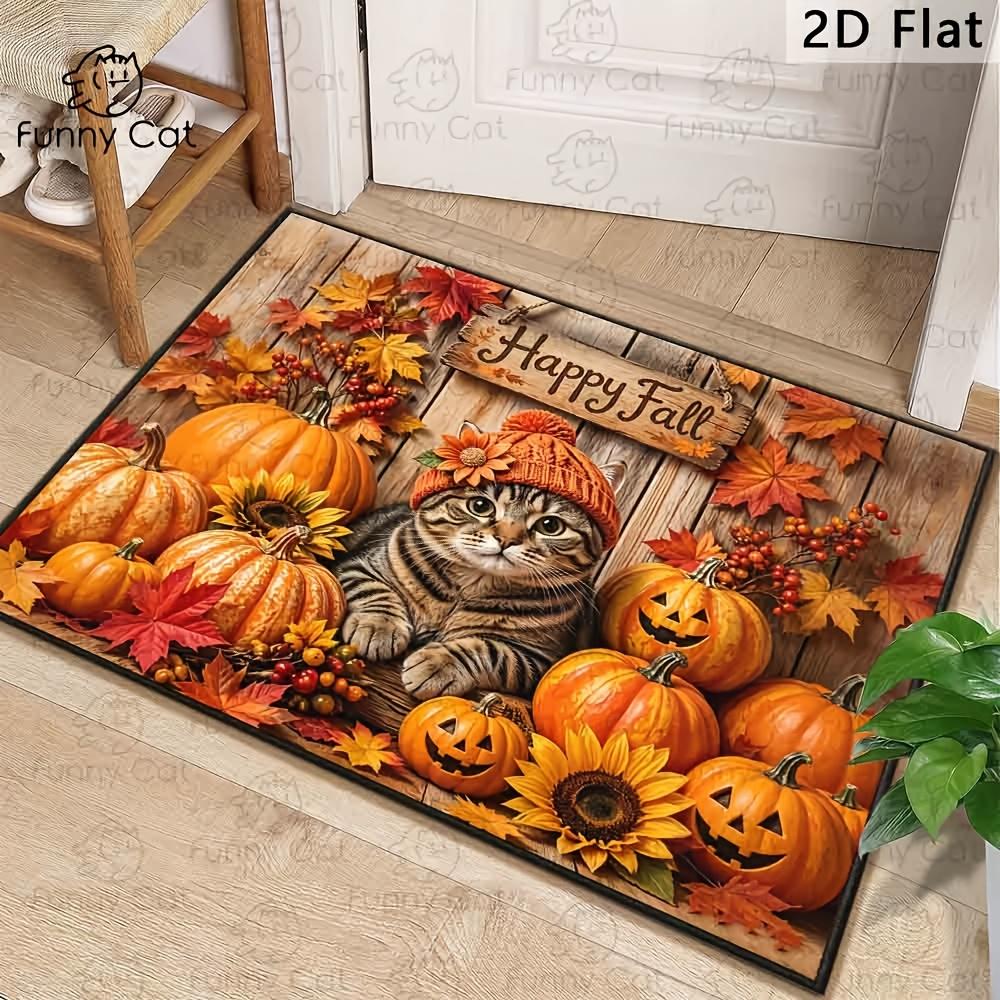 1pc, Fall Autumn Happy Fall Cat Doormat, Cute Tabby Cat with Knit Hat Pumpkin Sunflower Maple Leaf Decorative Floor Mat, Vintage Farmhouse Wooden Boar