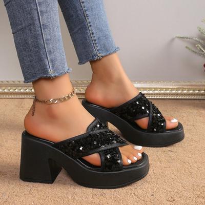 Модные женские элегантные тапочки на платформе, летние модные блестки с открытым носком, толстая подошва, женские на открытом воздухе, нескользящие, повседневные пляжные сандалии на каблуках