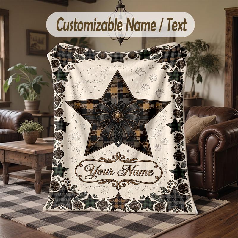 Plaid Star Artwork Theme Throw Blanket Custom Name Text Personalized Blanket Soft Cozy Blanket for Home Sofa Bed