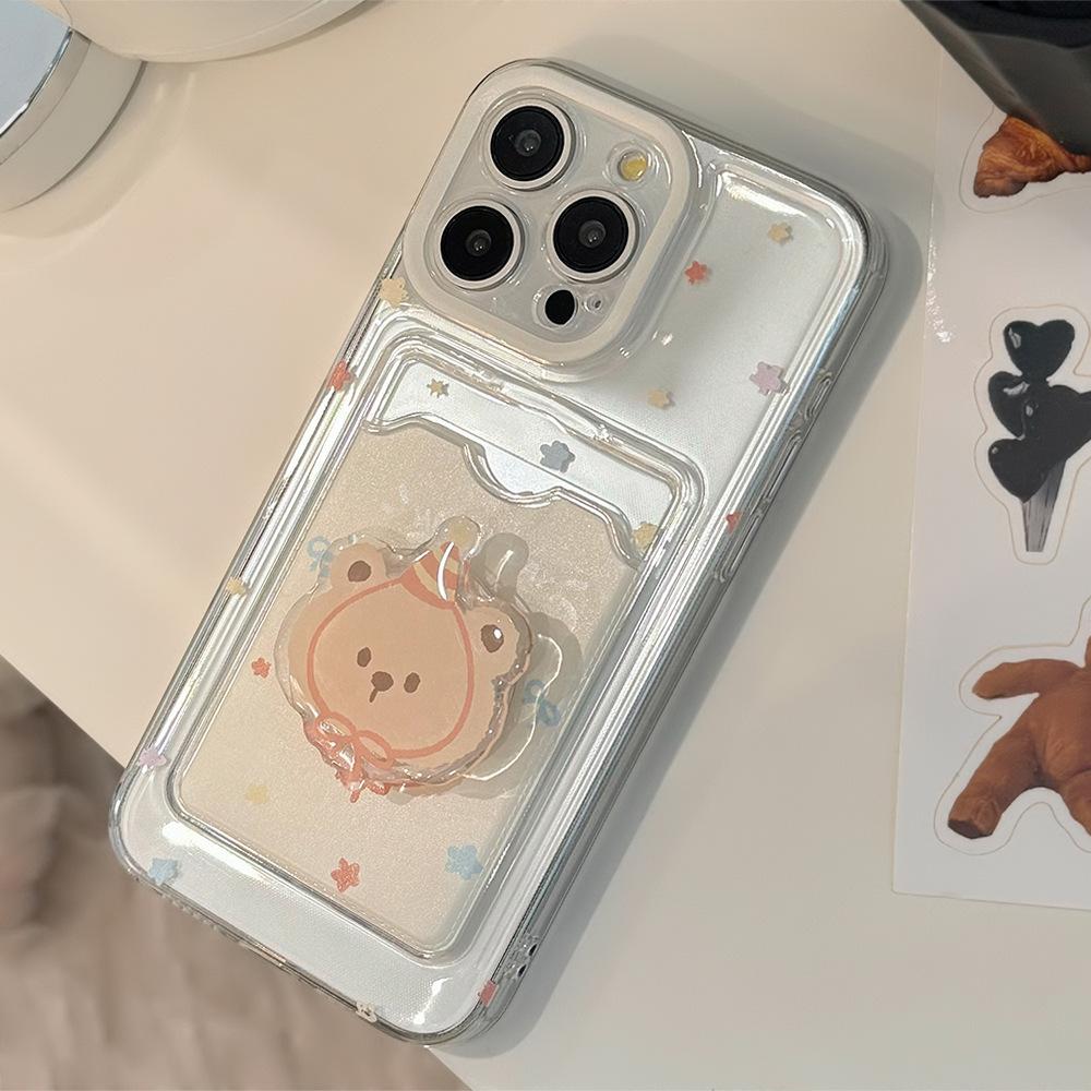 Cute Bear Stand Card Holder for IPhone17 for Apple 15promax Phone Case Cute 11 Full Cover 16 Transparent
