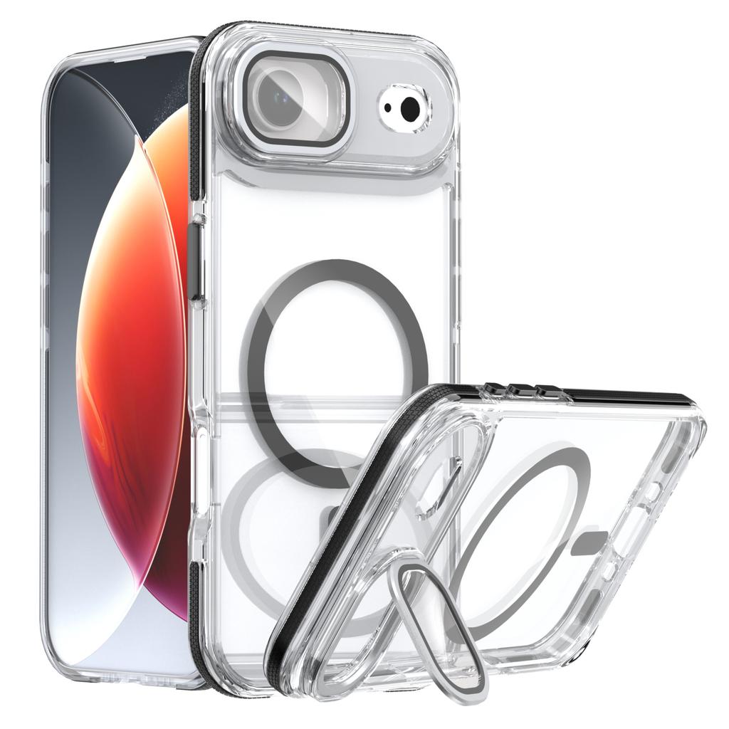 For iPhone Air Magnetic Case TPU Acrylic Clear Phone Back Cover with Lens Protector Kickstand