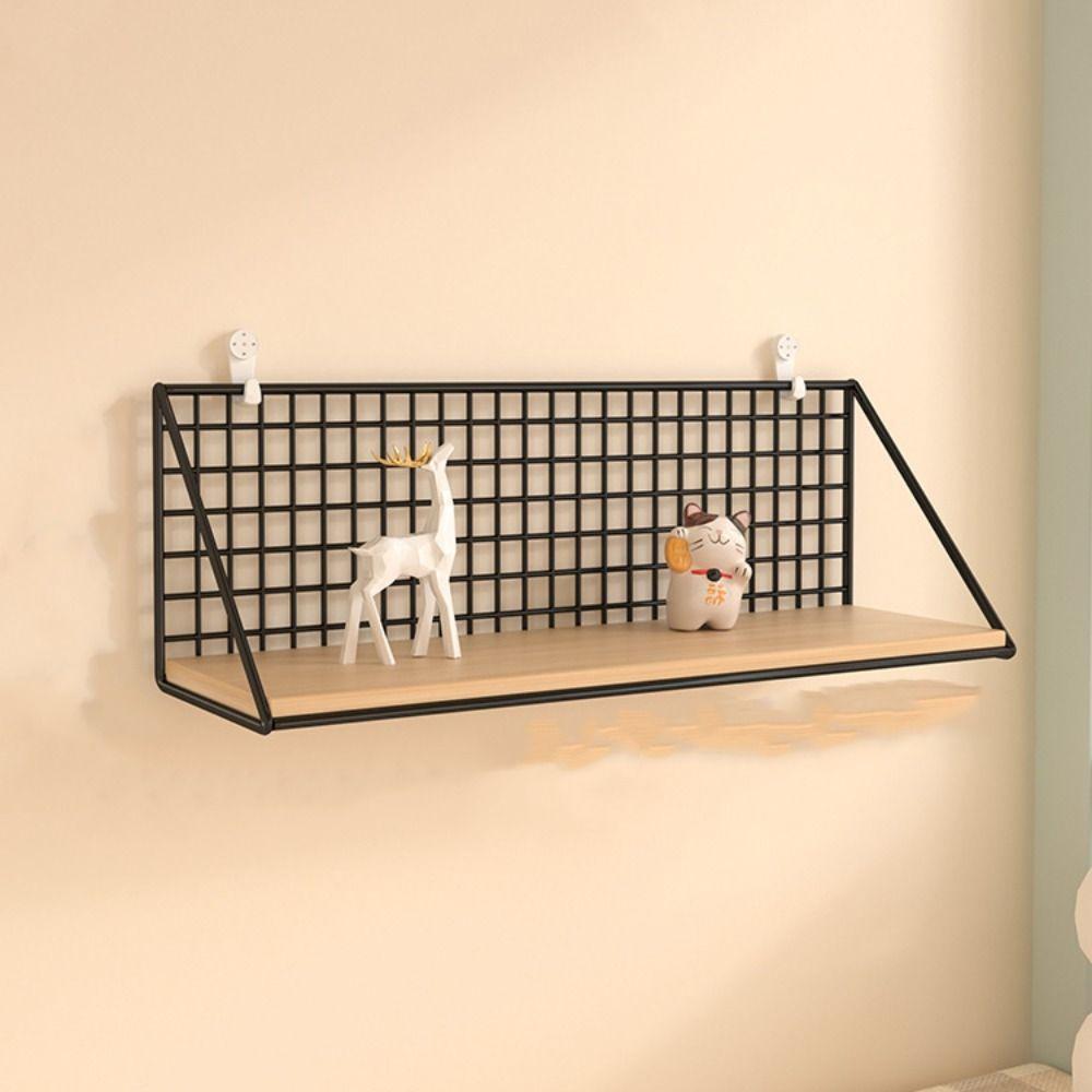 Punch-Free Wall Mounted Storage Rack Grid Shower Hanging Basket Wooden Iron Wall Shelf Home