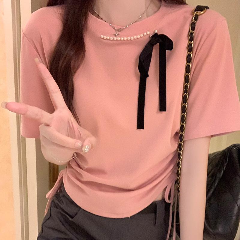 Футболка с короткими рукавами и прямыми плечами, украшенная бисером и бантом, для женщин, новый плиссированный облегающий топ с завышенной талией