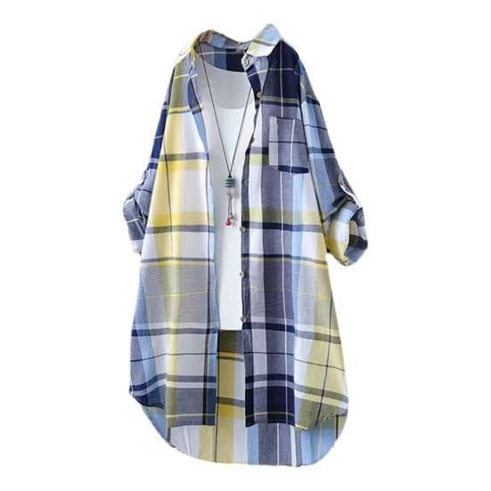 Женская рубашка с лацканами, длинным рукавом, цветной клетчатый принт, рубашка с карманом, свободный крой, однобортная рубашка средней длины