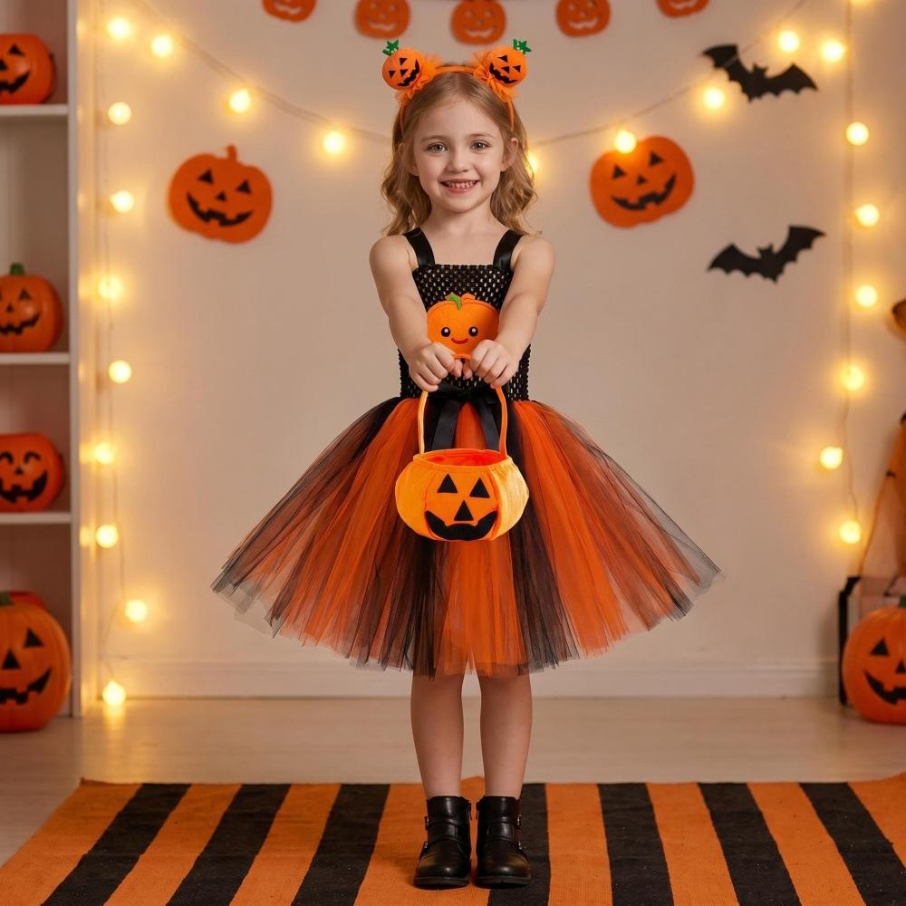 Kids Halloween Witch Cosplay Outfit, Pumpkin Tulle Skirt Carnival Party Stage Dress