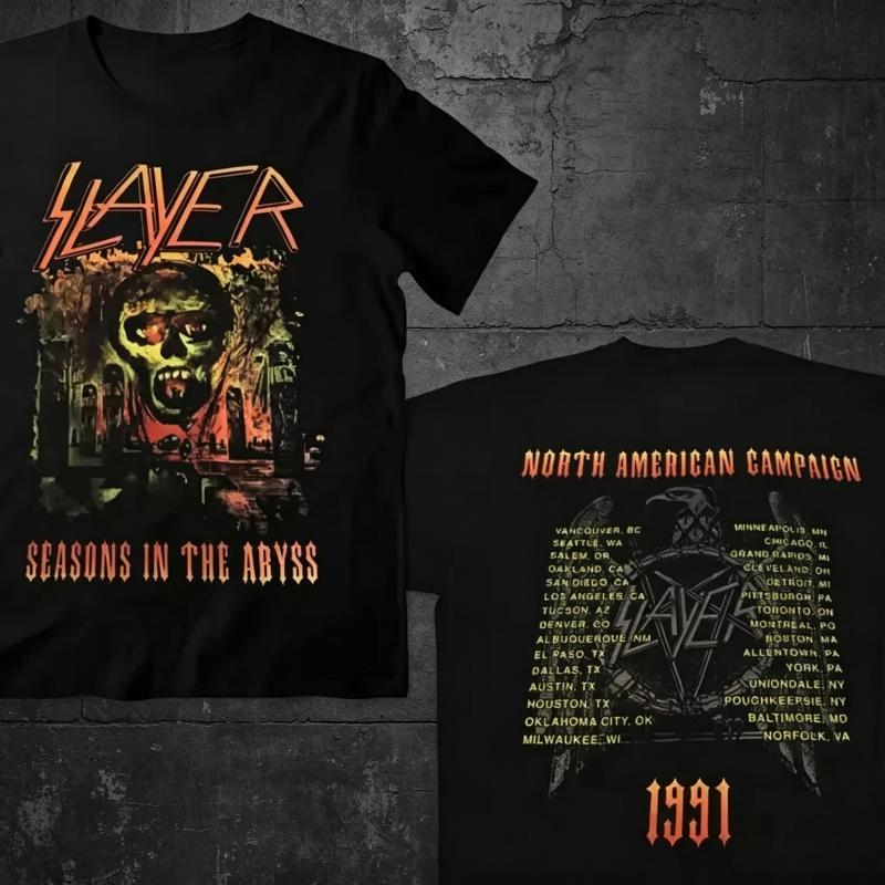 Vintage Slayer Seasons In The Abyss 1991 Tour T Shirt Unisex Retro Metal Rock Hip Hop Streetwear Front Back Print Short Sleeve Tee