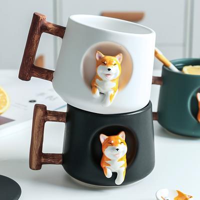 3D-кружка для кофе с милой статуей собаки с крышкой и ложкой, чайные чашки с керамической ручкой на 14,2 унции, расписные чашки с забавными фигурками щенков, подарки на день рождения, чашка для питья