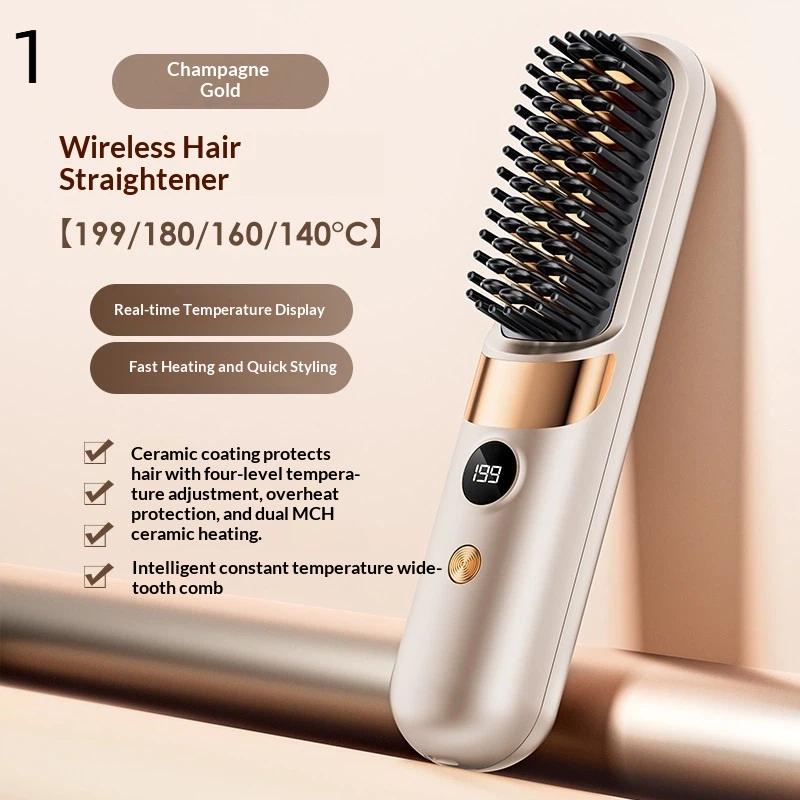Convenient Cordless Hair Straightener Brush with LCD for Home or Travel Styling Anytime Anywhere