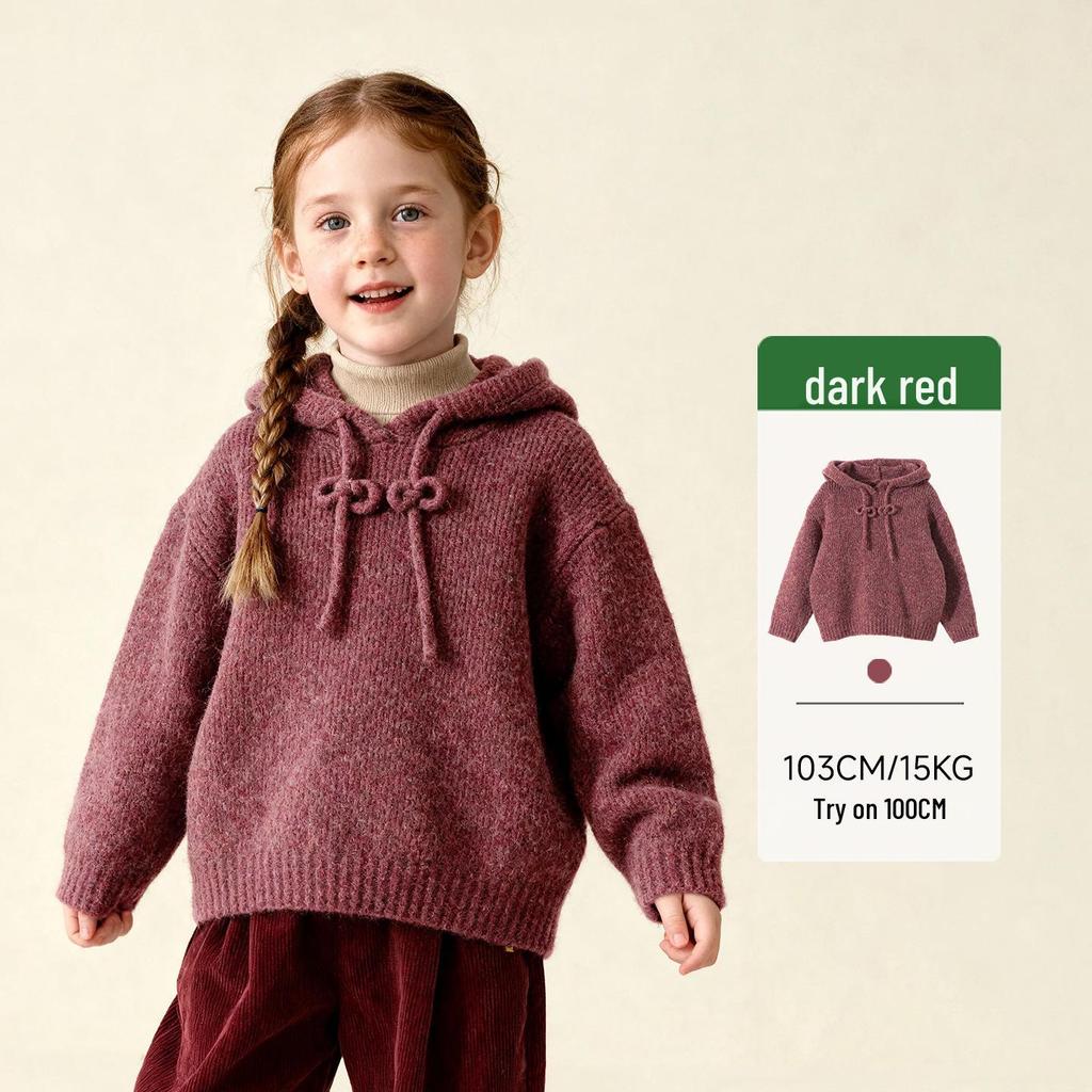 Зимний однотонный худи для девочек 2025 года - Вязаный кардиган из смесовой хлопково-шерстяной пряжи