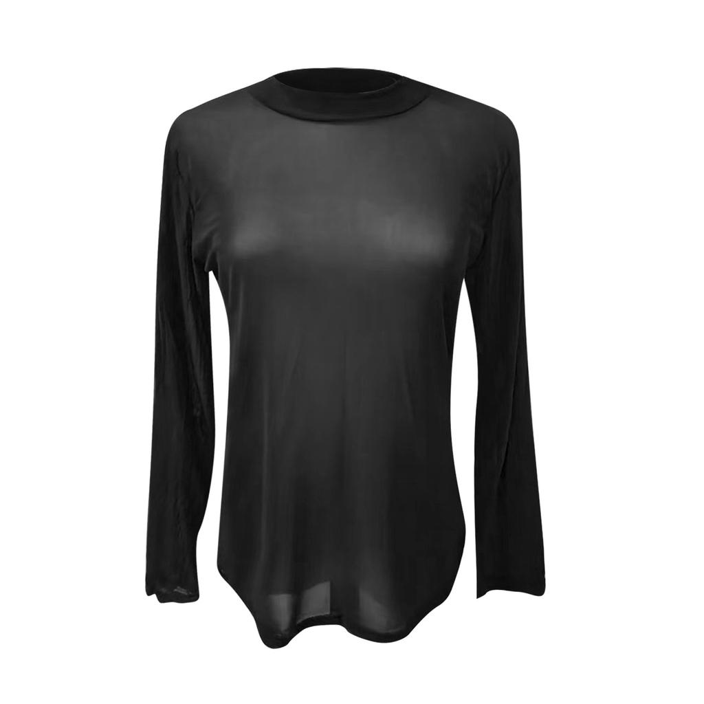 Женская летняя сексуальная ультратонкая сетчатая эластичная обтягивающая рубашка с длинными рукавами и полувысоким воротником