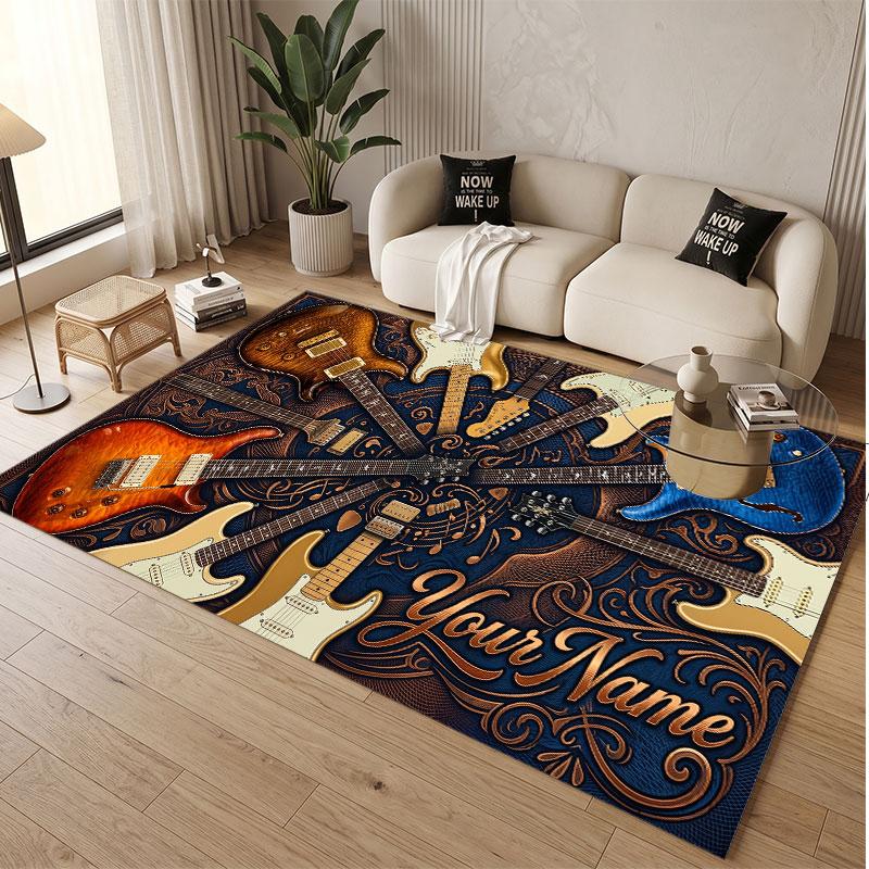 Music Guitar Theme Soft Crystal Velvet Rug Custom Name & Text Print Non Slip Floor Rug for Bedroom Living Room