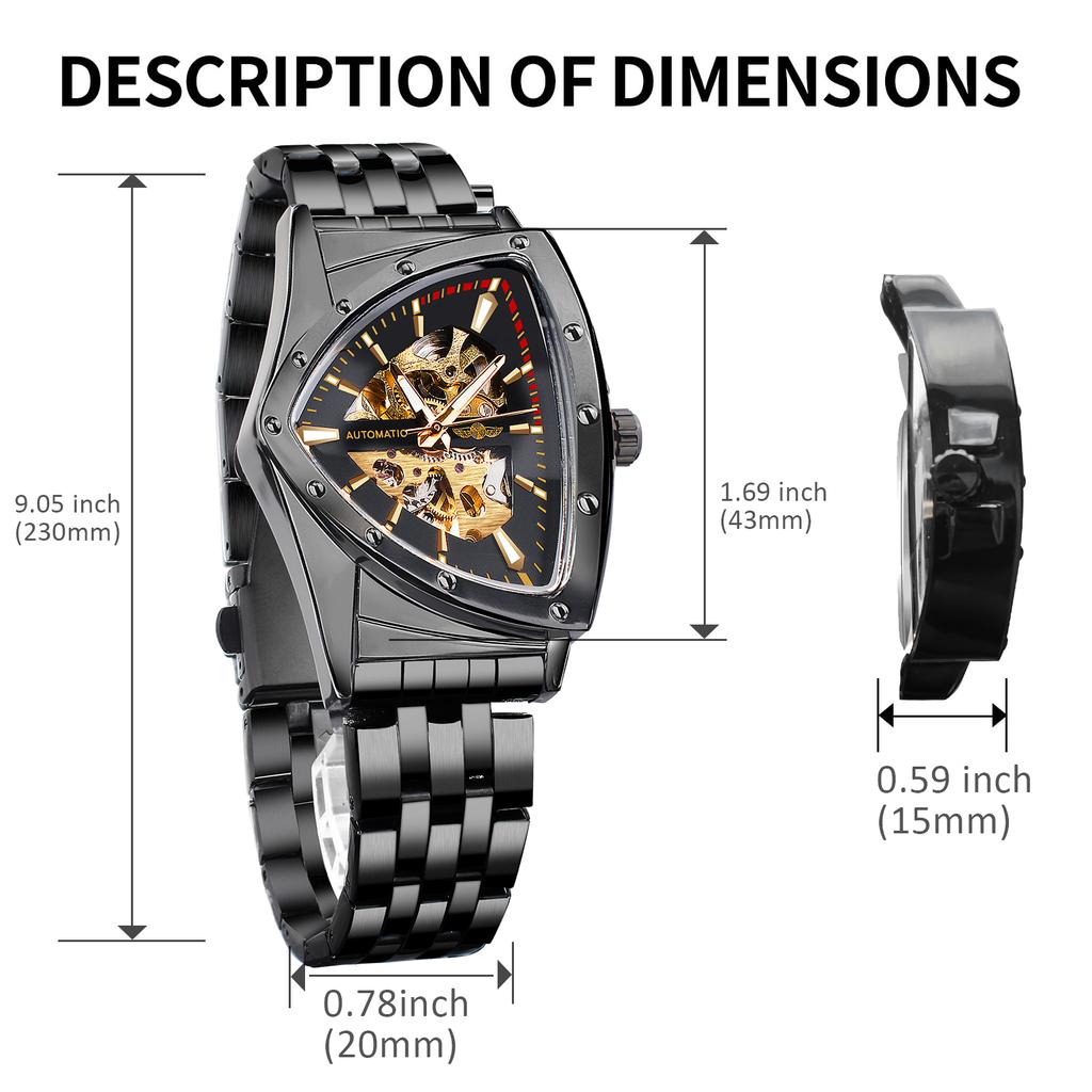 Автоматические механические часы с треугольным корпусом и скелетонированным дизайном, ремень из нержавеющей стали, модные мужские светящиеся наручные часы