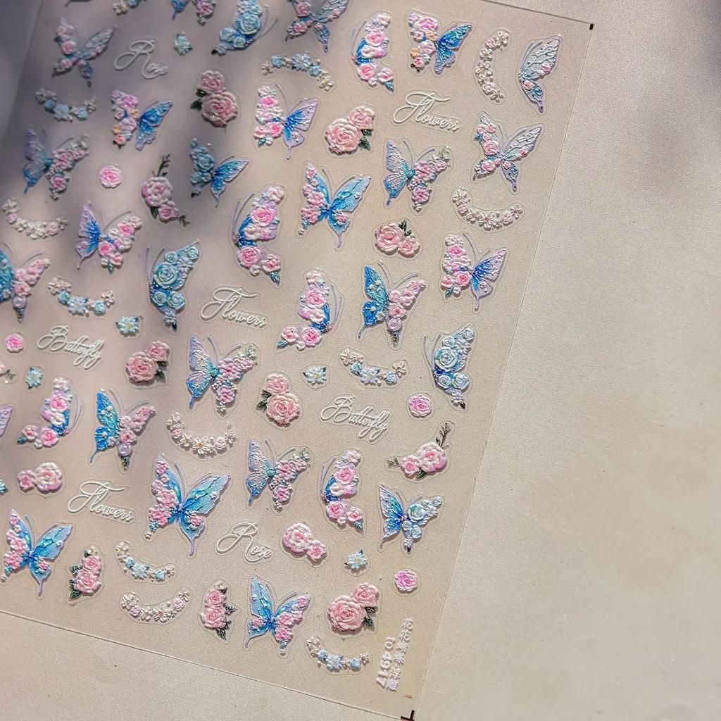Vigorous Pink Butterfly Gradient Petal Flower Shiny Stars 5D Soft Self Adhesive Nail Art Decoration Sticker Manicure Decal DIY