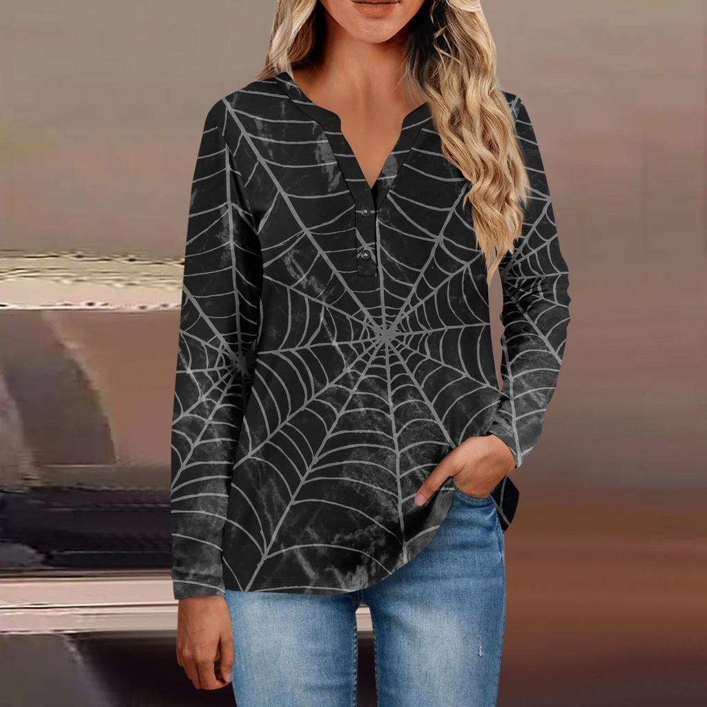 Women's Button Neck Tops Women's Casual Everyday Tops Long Sleeve V Neck Fashion Print Shirt Tops Pocket Tee Sweatshirts