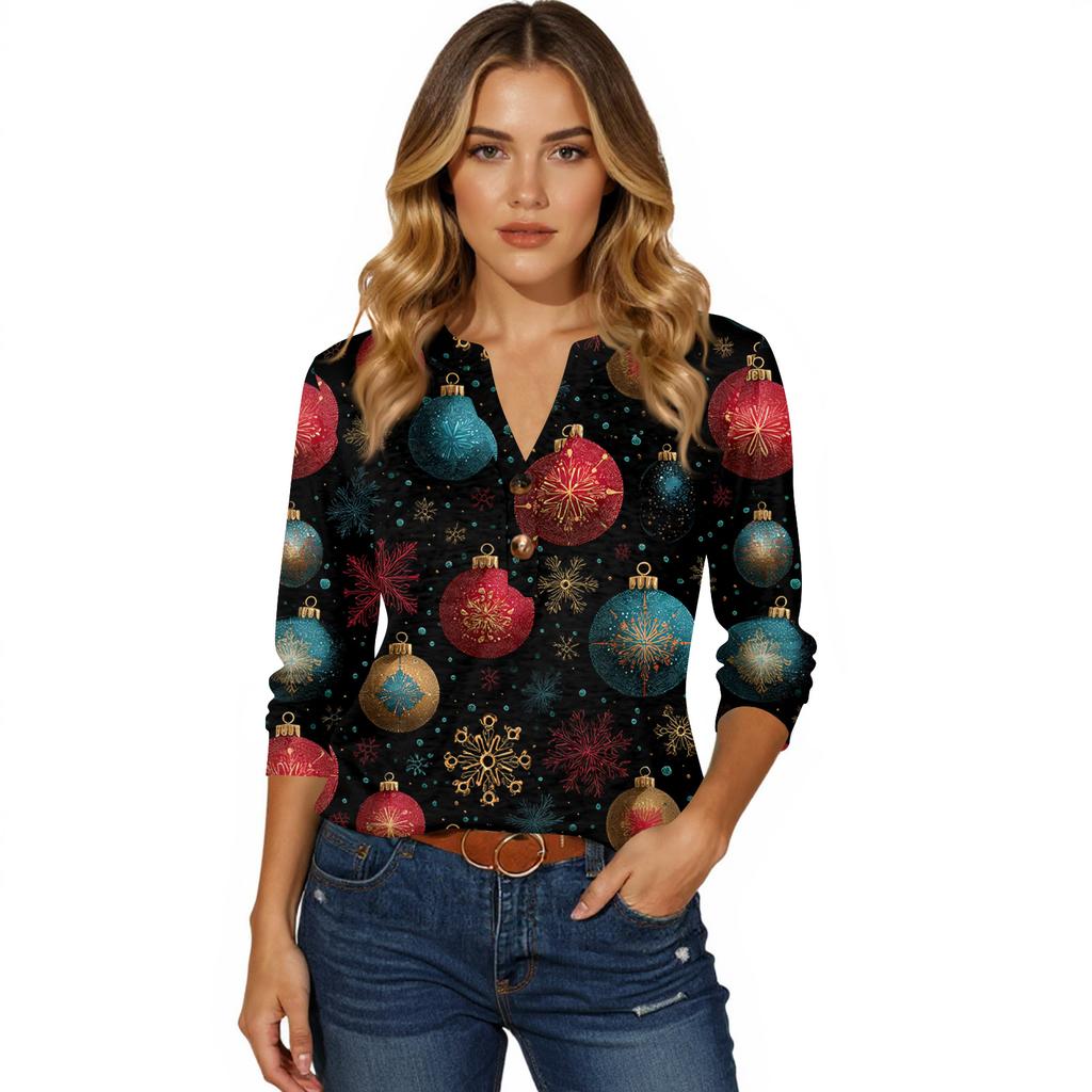 Women's T Shirt Print Button 3/4 Sleeve Daily Weekend Fashion Basic V- Neck Regular Top