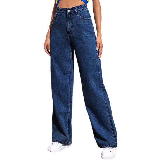 Women Jeans with Pockets High Waist Button Zipper Closure Straight Pants Solid Color Vintage American Style Denim Trousers for Daily Wear Scool