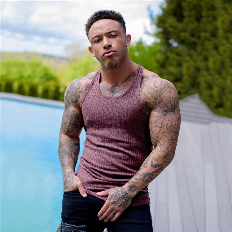 Muscleguys Однотонные летние майки для бега, быстросохнущие, вязаные, майки для зала, фитнеса, без рукавов, в полоску, приталенные, мужская одежда для бодибилдинга