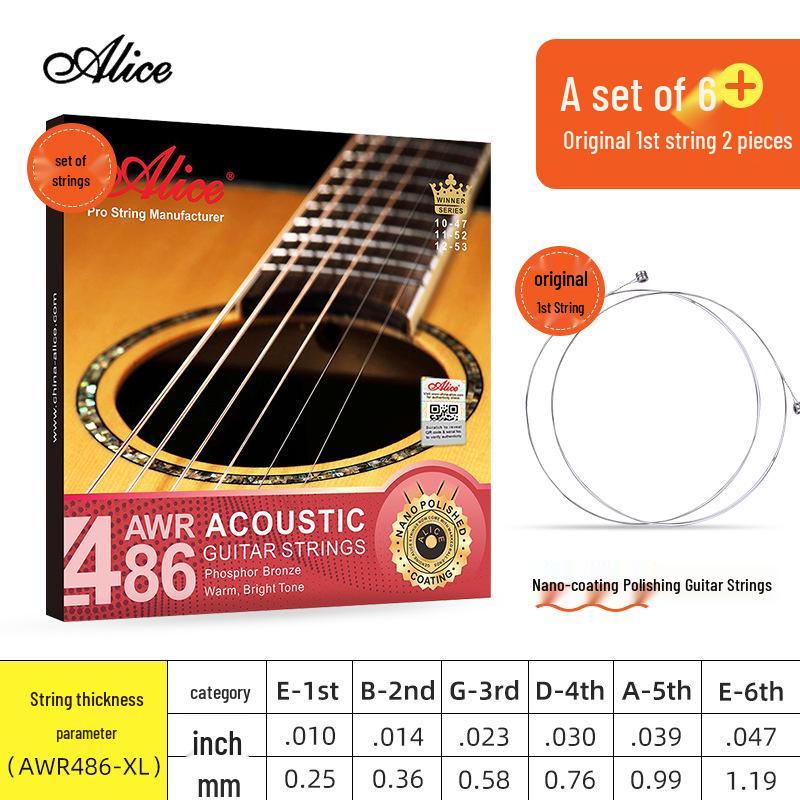Комплект струн для акустической фолк-гитары Alice, покрытые фосфорной бронзой (6 строк)