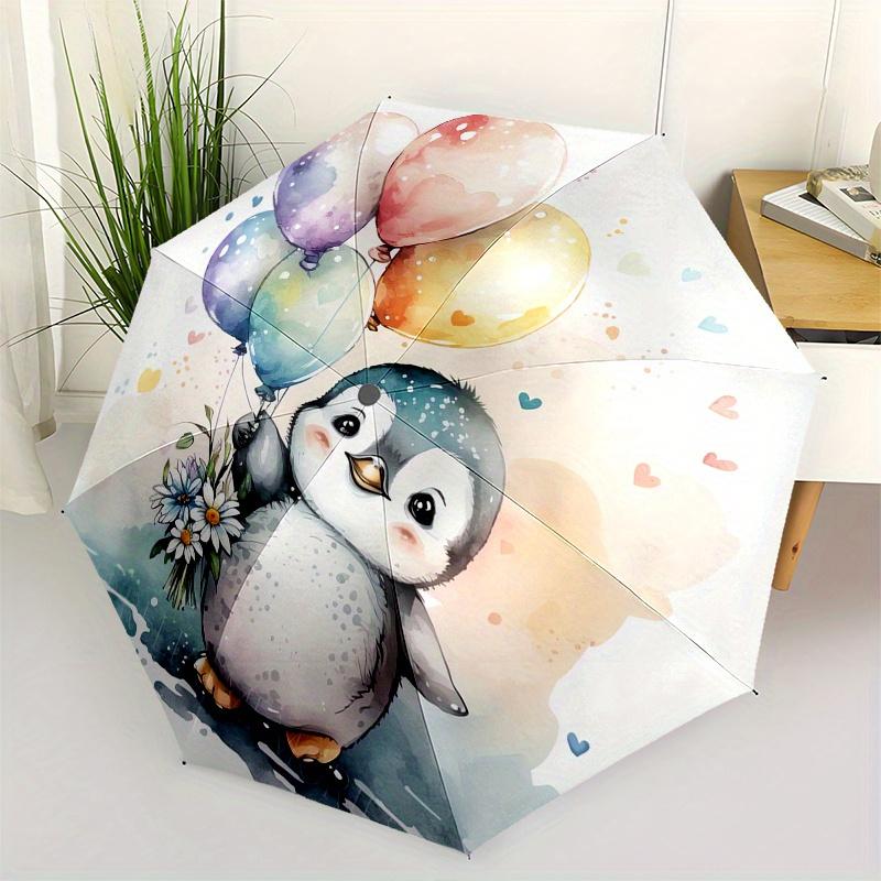 Penguin Balloons Themed Automatic Folding Umbrella 8 Ribs Durable Iron Frame, Vibrant Color Design, Compact Travel Umbrella for Beach, Outd