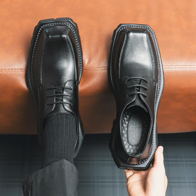 Мужские черные повседневные туфли дерби с толстой подошвой и квадратным носком, модные лакированные оригинальные кожаные туфли, роскошные деловые мужские туфли