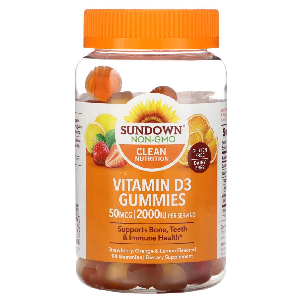 Sundown Naturals, жевательные конфеты с витамином D3, клубника, апельсин и лимон, 2000 МЕ, 90 жевательных конфет (25 мкг (1000МЕ) за жевательную резинку)
