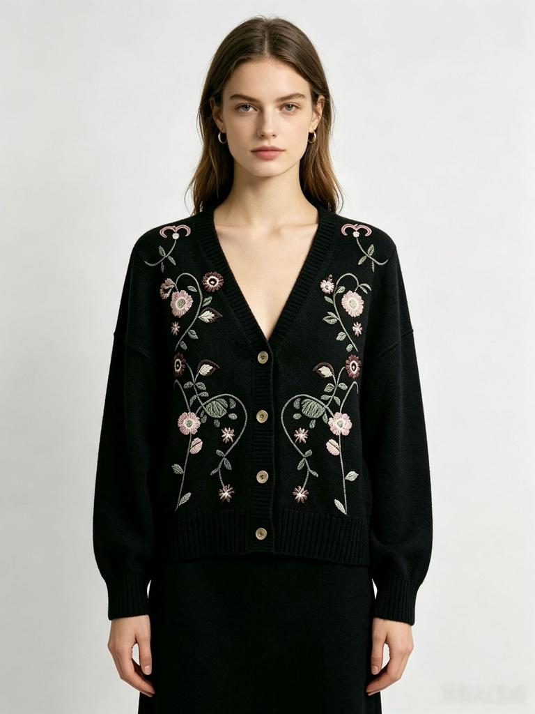 European-American style autumn/winter new heavy-work embroidered beaded floral knit cardigan for women, loose V-neck outerwear sweater