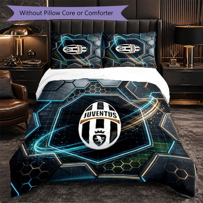 Juventus FC Pattern 3 Pieces Bedding Set Soft Microfiber Duvet Cover with Pillow Cases for Bedroom