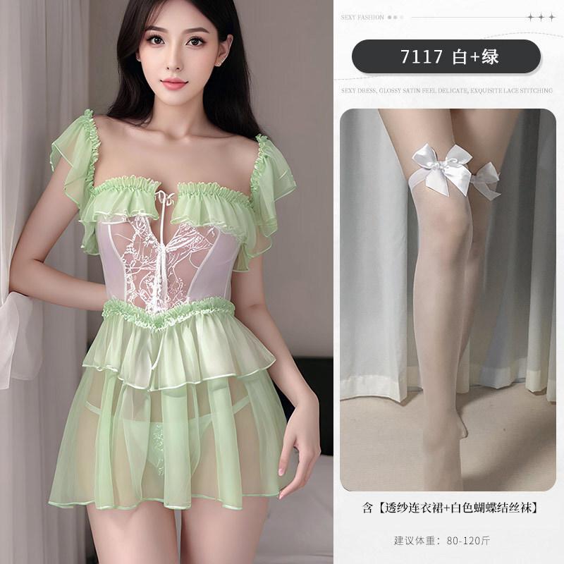New Sexy Sexy Pure Desire Summer Sweet Girl Hip-revealing Strap Transparent Dress Elegant Nightdress Green Sweet Mini Dress 18J6