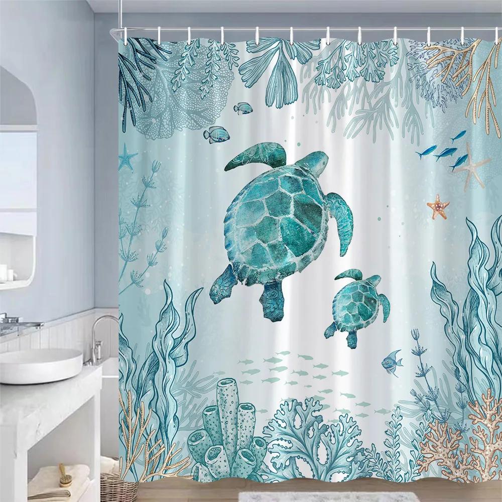 Ocean Animals Shower Curta Sea Turtles Starfish Coral Seaweed Underwater Scenery Polyester Bathroom Curtain Decor with Hooks