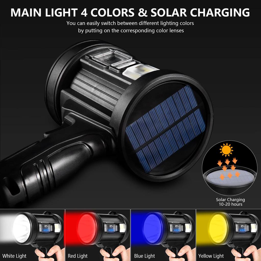 Rechargeable Spotlight, 1000,000 Lumens Handheld Hunting Flashlight Led Spot Light with Cob Light and Solar Panels for Camping
