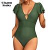 Charmleaks Deep V Neck Solid Color Flounce Backless Short Sleeve One Piece Swimwear for Women Bath Suit Monkini