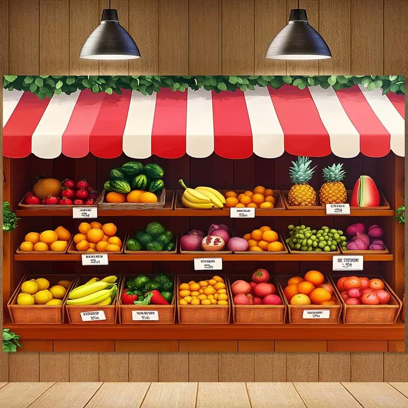 Мультяшный фон для фотосессии «Фруктовый магазин» 2D, тематика «Детский день рождения на рынке»